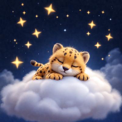 The primary subject of the image is a cute, sleepy cheetah kitten. The setting is a cloudy night sky, with the kitten resting on a fluffy white cloud. The visual style is a digital art illustration, creating a whimsical and adorable scene. The dominant colors are white and orange, with the white clouds and orange cheetah kitten, creating a warm and cozy atmosphere.